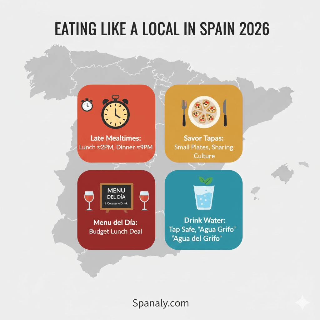 A food and dining infographic for Spain 2026 by Spanaly.com. It highlights late mealtimes (Lunch 2PM, Dinner 9PM), Savoring Tapas, Menu del Día deals, and Tap Water safety. Red, yellow, and blue theme with a map of Spain background.