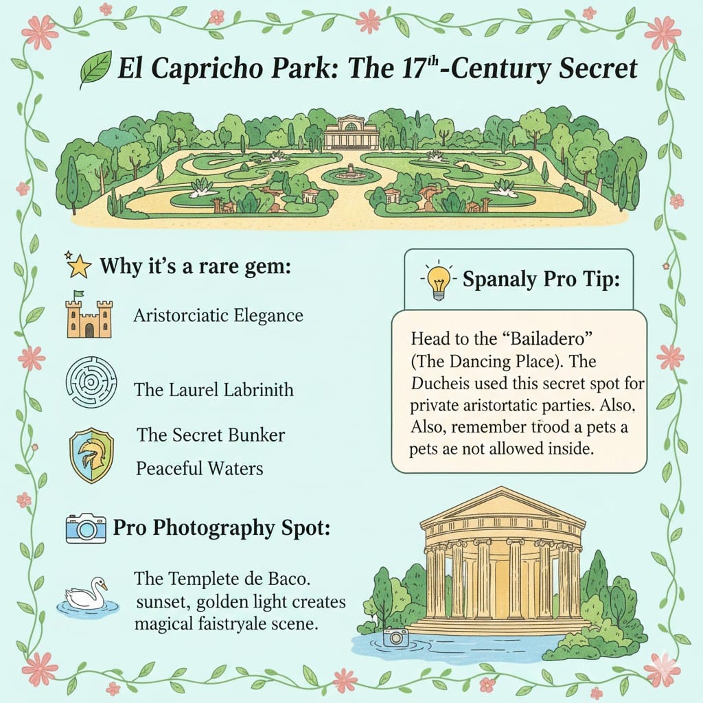 A colorful infographic of El Capricho Park in Madrid, showcasing its 18th-century gardens, laurel labyrinth, secret bunker, and Spanaly pro travel tips.