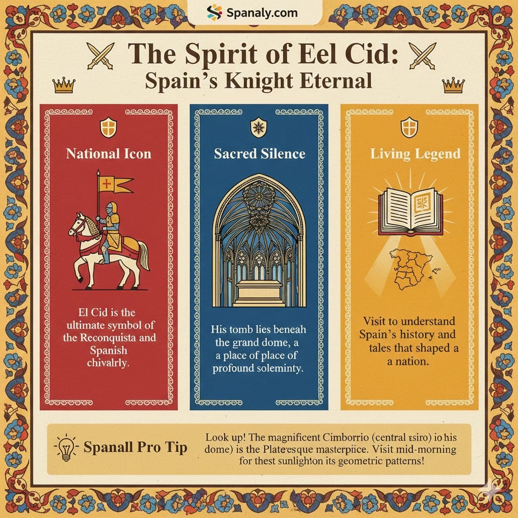 An educational infographic about El Cid Campeador in Burgos Cathedral, featuring his role as a national icon, his sacred tomb, and the legendary Spanish history.