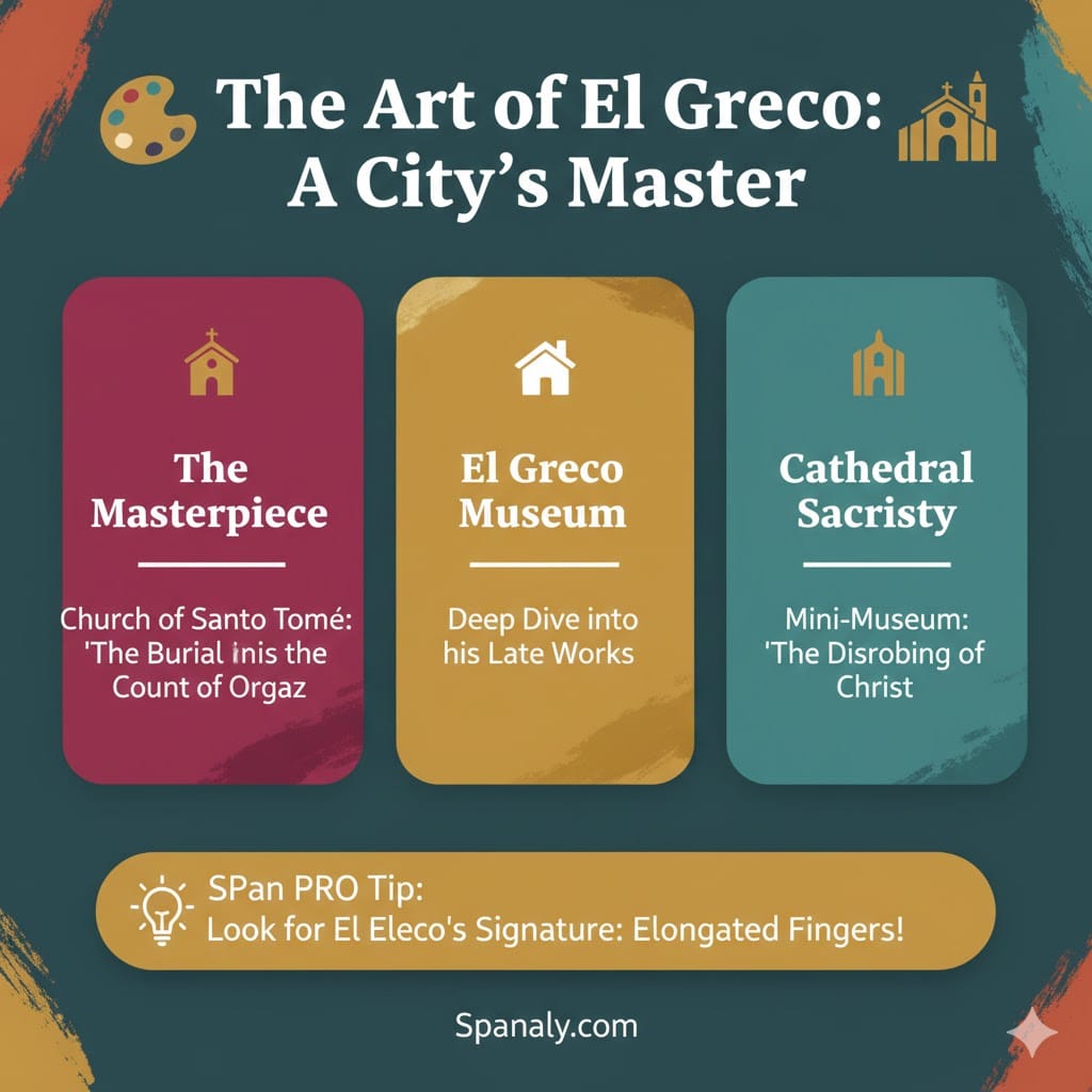 A colorful and artistic infographic titled The Art of El Greco: A City’s Master. It features three sections: The Masterpiece (Church of Santo Tomé), El Greco Museum (Deep dive into late works), and Cathedral Sacristy (The Disrobing of Christ). A footer includes a Spanaly Pro Tip to look for El Greco’s signature elongated fingers in his paintings.