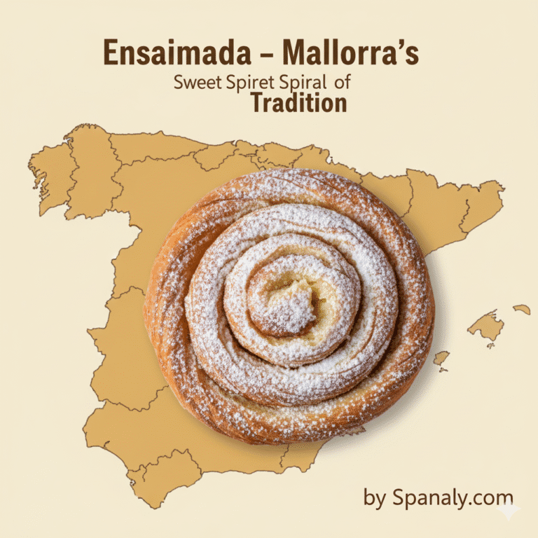 Promotional graphic for the "Ensaimada – Mallorca’s Sweet Spiral of Tradition" guide by Spanaly.com. The design features an attractive illustration of the iconic, spiral-shaped Mallorcan sweet bread dusted with powdered sugar, set over a map of Spain. The graphic is optimized to highlight this traditional pastry from the Balearic Islands.