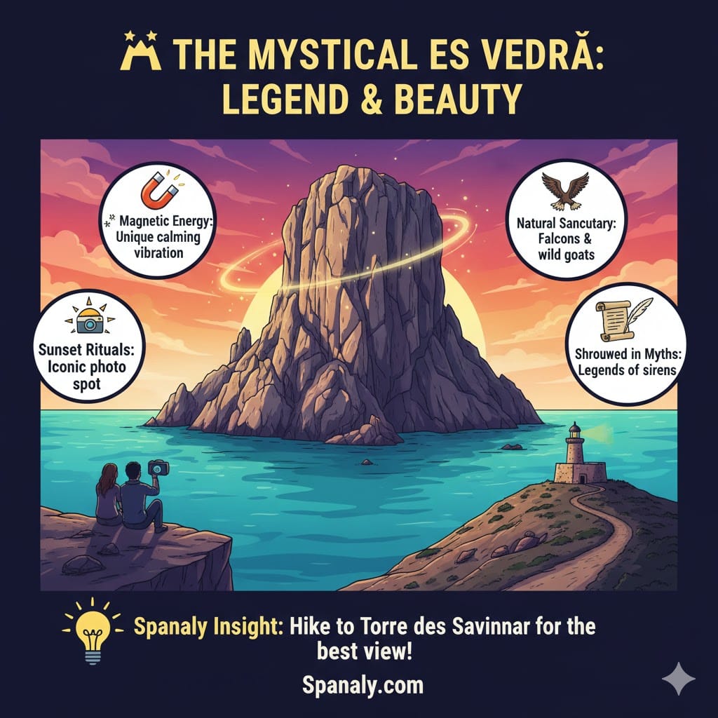 A mystical illustration of Es Vedrà rock in Ibiza during sunset, highlighting its magnetic energy, legends of sirens, and the Savinar watchtower viewpoint. Created by Spanaly.