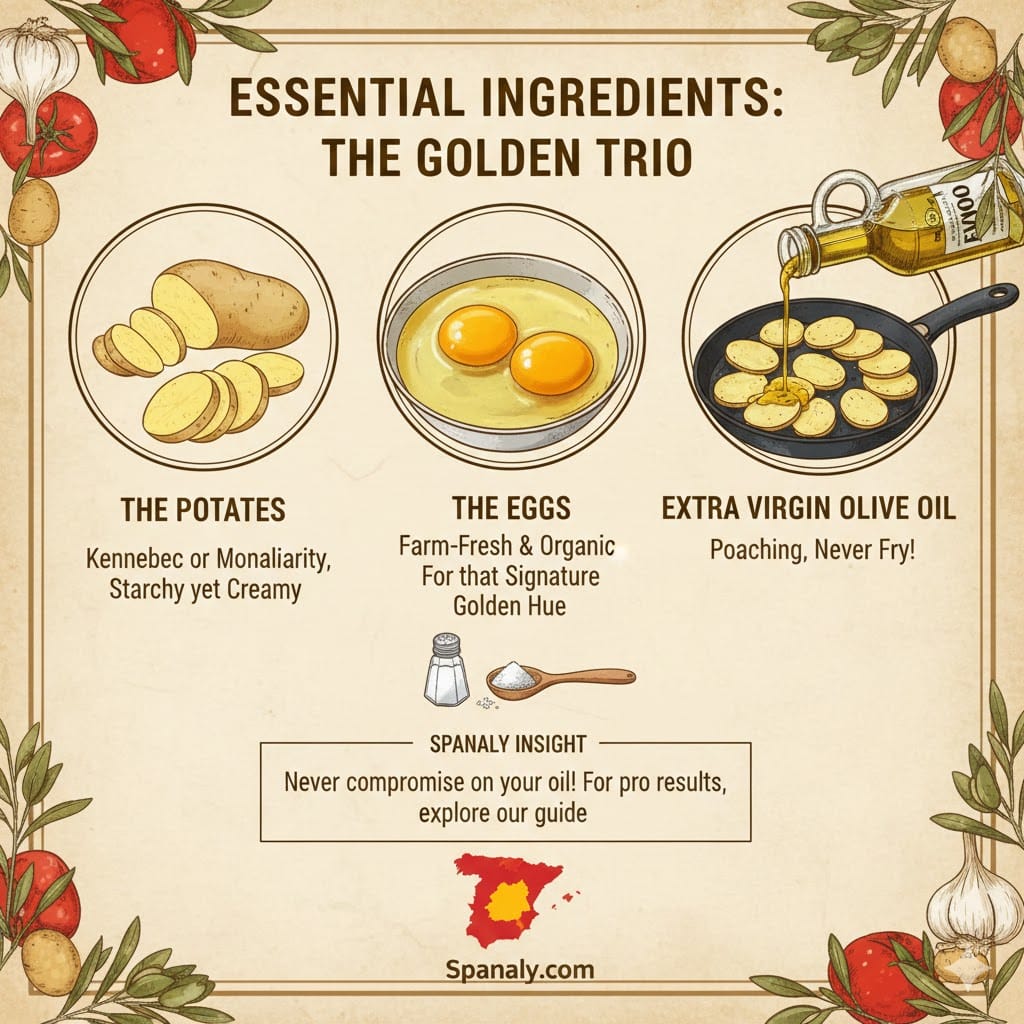 A colorful culinary infographic titled Essential Ingredients: The Golden Trio. It highlights the three main components of Tortilla Española: Potatoes (Kennebec or Monalisa), Farm-Fresh Eggs, and Extra Virgin Olive Oil for poaching. Includes a Spanaly Insight box and the Spanaly.com logo with a red and yellow Spain map icon.