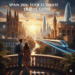 A futuristic 2026 Spain travel guide cover by Spanaly.com. It features a couple overlooking a high-speed train, the Sagrada Familia, and modern skylines, with a glowing map of Spain and the title SPAIN 2026: YOUR ULTIMATE TRAVEL GUIDE.