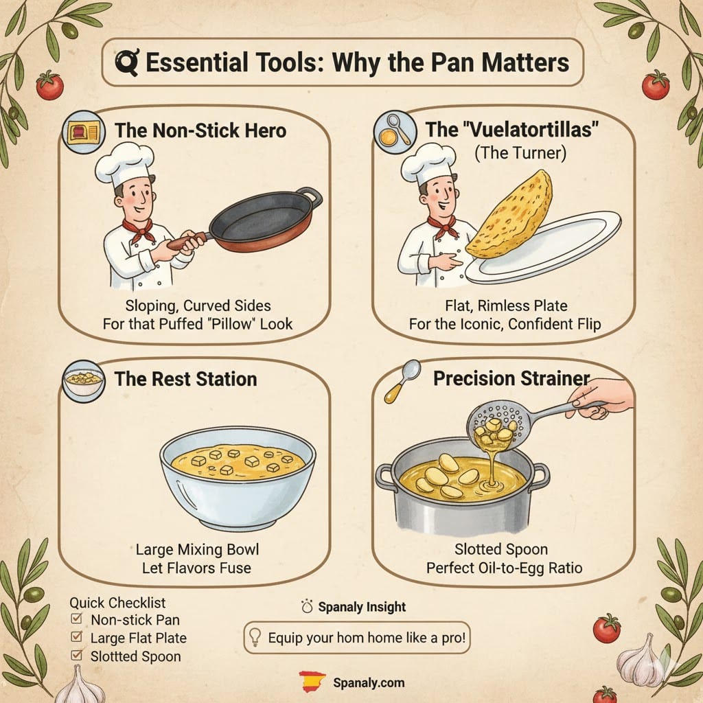 A colorful infographic titled Essential Tools: Why the Pan Matters. It features four sections: The Non-Stick Hero (pan with curved sides), The Vueltatortillas (flat plate for flipping), The Rest Station (mixing bowl), and Precision Strainer (slotted spoon). Includes a Quick Checklist and the Spanaly.com logo with a Spain map icon.