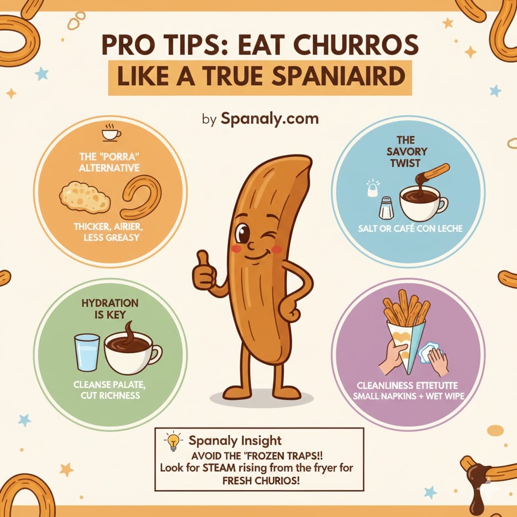 A cheerful and educational infographic by Spanaly titled 'Pro Tips: Eat Churros Like a True Spaniard'. It features four expert tips: trying the thick 'Porra' alternative, the savory twist with salt or coffee, the importance of hydration with water, and cleaning etiquette. It also includes a Spanaly Insight about avoiding frozen churros.