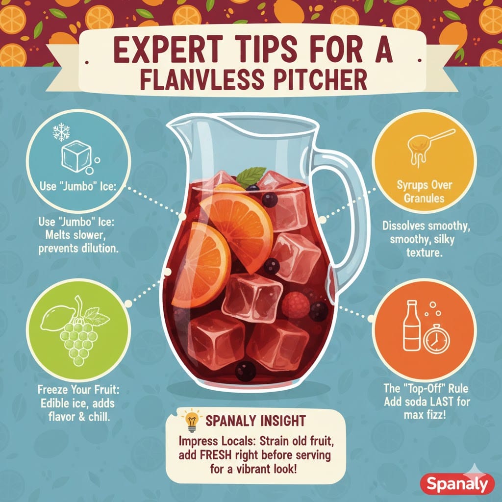 A colorful infographic showing expert tips for making Sangria: using jumbo ice to prevent dilution, using syrups instead of sugar granules, freezing fruit as edible ice cubes, and adding soda last for maximum fizz. Includes a Spanaly Insight about using fresh fruit for presentation.
