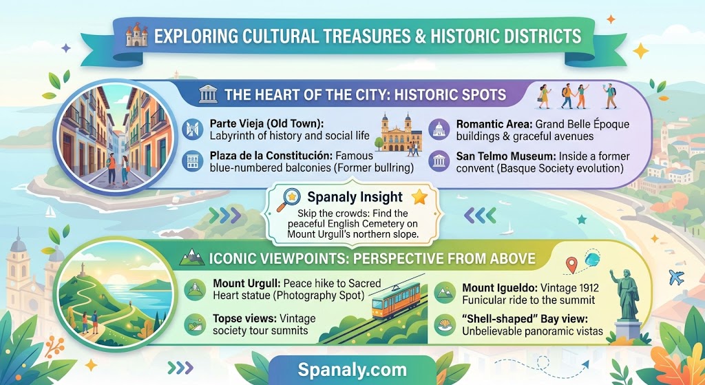 Infographic showcasing San Sebastian cultural treasures including the Old Town, Plaza de la Constitución, and panoramic views from Mount Igueldo and Urgull.