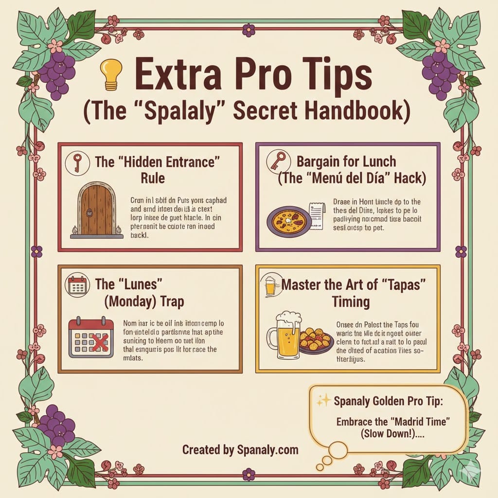 A colorful illustrated infographic with expert travel tips for Madrid, including hidden entrance rules, lunch hacks, and the Monday museum closure trap by Spanaly.com.