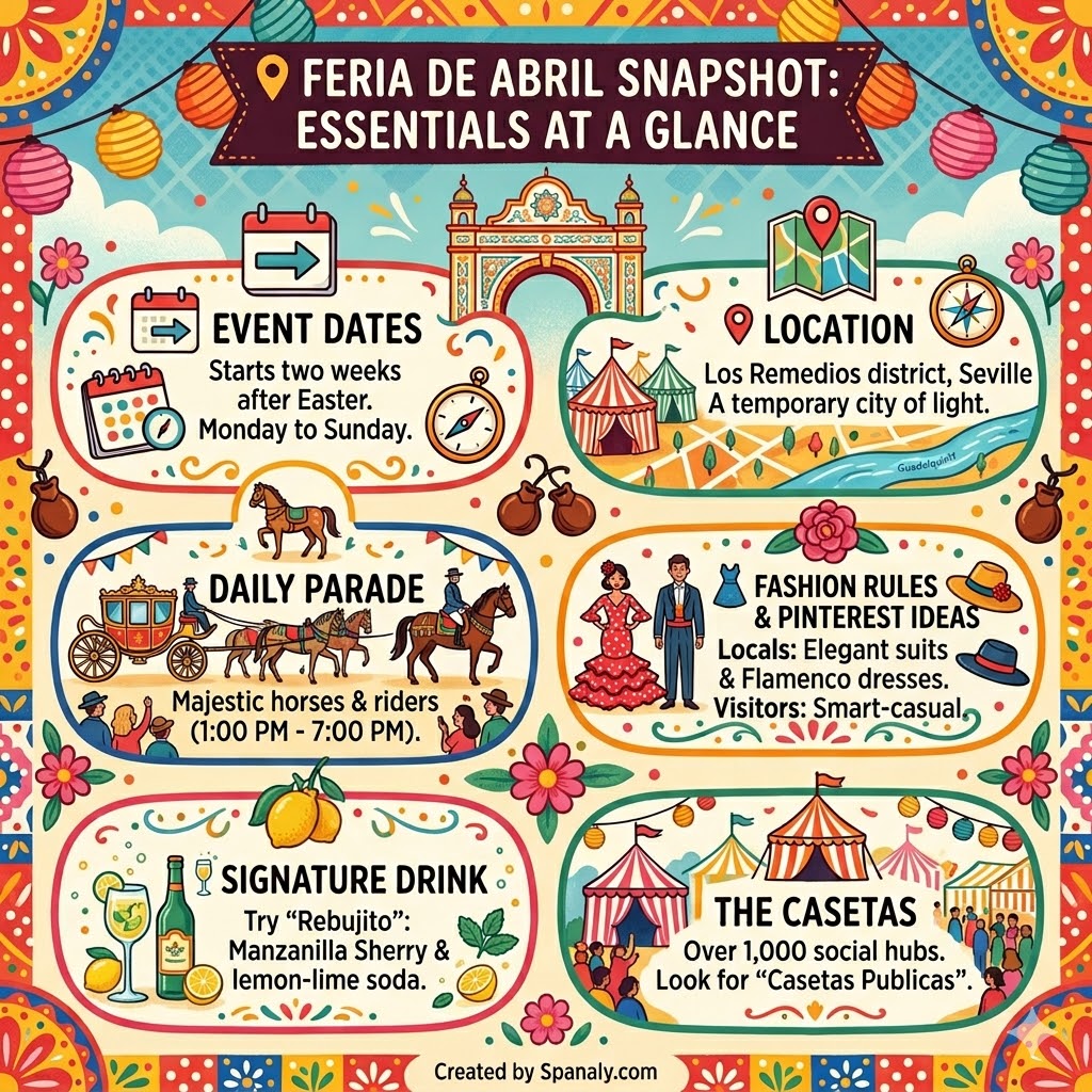 Infographic showing Seville April Fair 2026 essentials including event dates, dress code, signature drink, and public casetas guide.