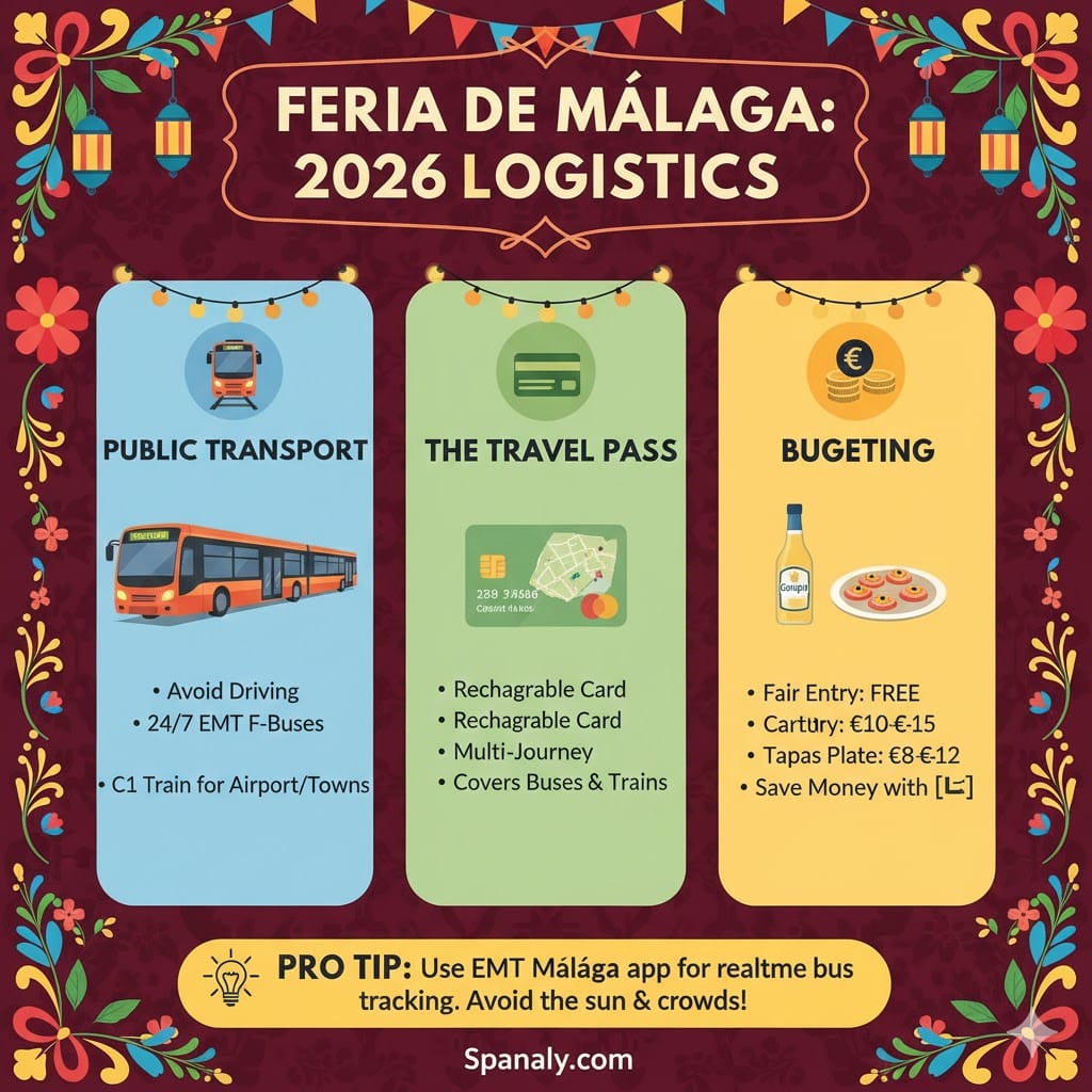 Infographic for Feria de Málaga 2026 logistics featuring public transport tips, travel pass info, and a budget guide for tapas and drinks - Spanaly.com