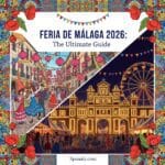 Colorful artistic illustration of Feria de Málaga 2026 showing Day Fair and Night Fair celebrations with Spanaly branding.