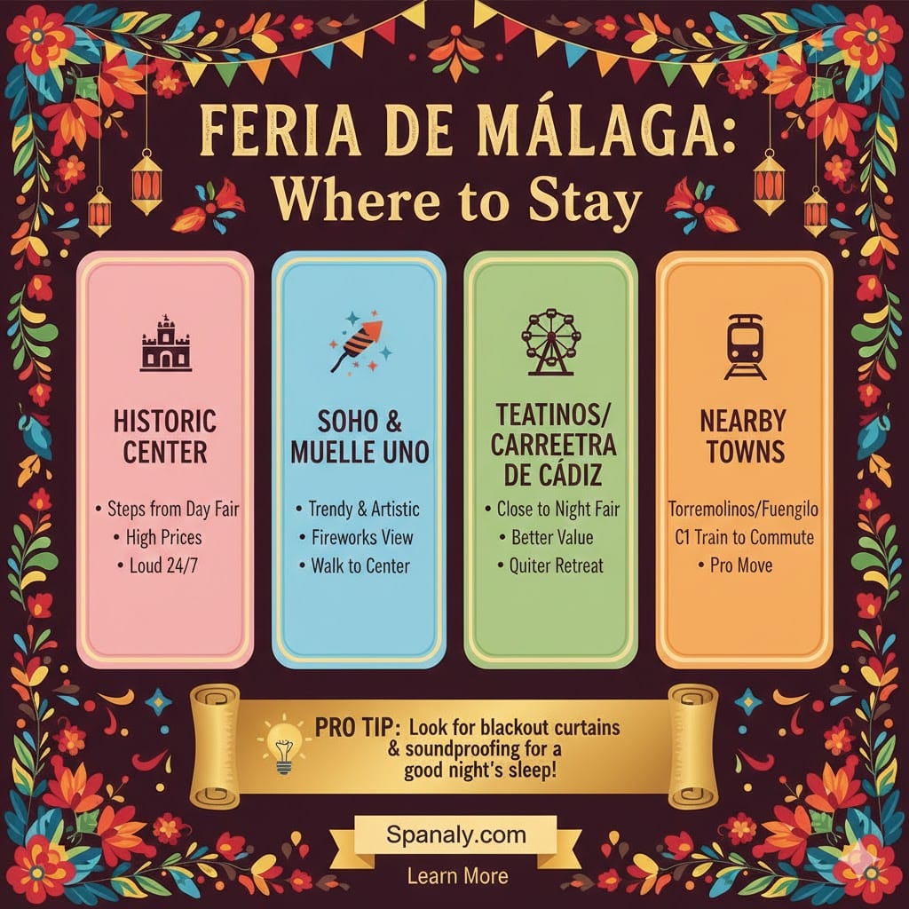 Infographic of where to stay in Málaga during the festival, comparing Historic Center, Soho, Teatinos, and nearby coastal towns - Spanaly.com