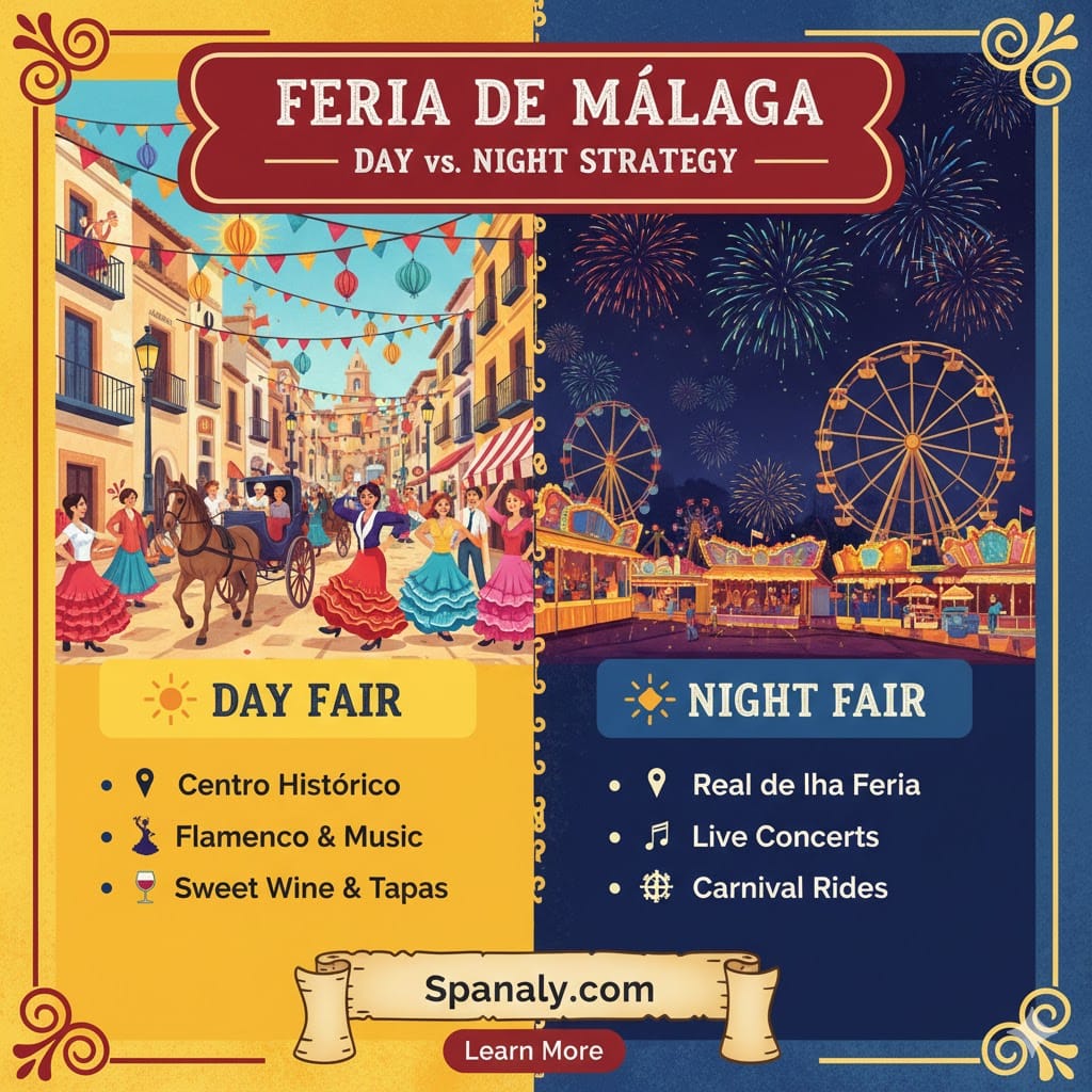 Infographic comparing the Day Fair in Malaga city center with the Night Fair at Real de la Feria, showing flamenco dancers and carnival rides - Spanaly.com
