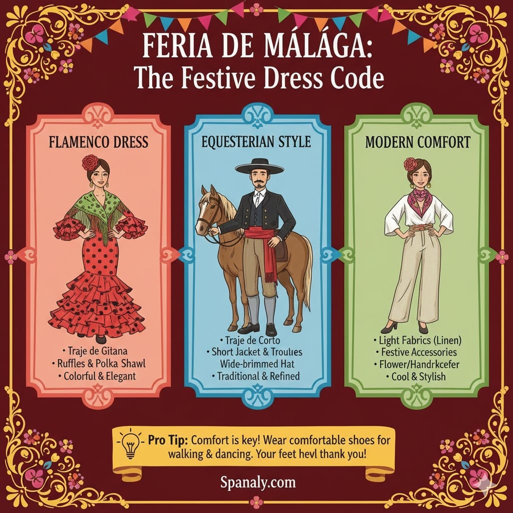Infographic of Feria de Málaga dress code showing traditional Flamenco dresses, Equestrian Traje de Corto, and modern festive comfort - Spanaly.com