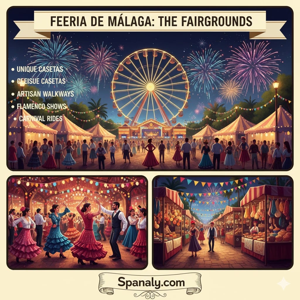 Detailed infographic of the Feria de Málaga fairgrounds (Real de la Feria) featuring traditional casetas, flamenco dancers, and a giant Ferris wheel under fireworks - Spanaly.com