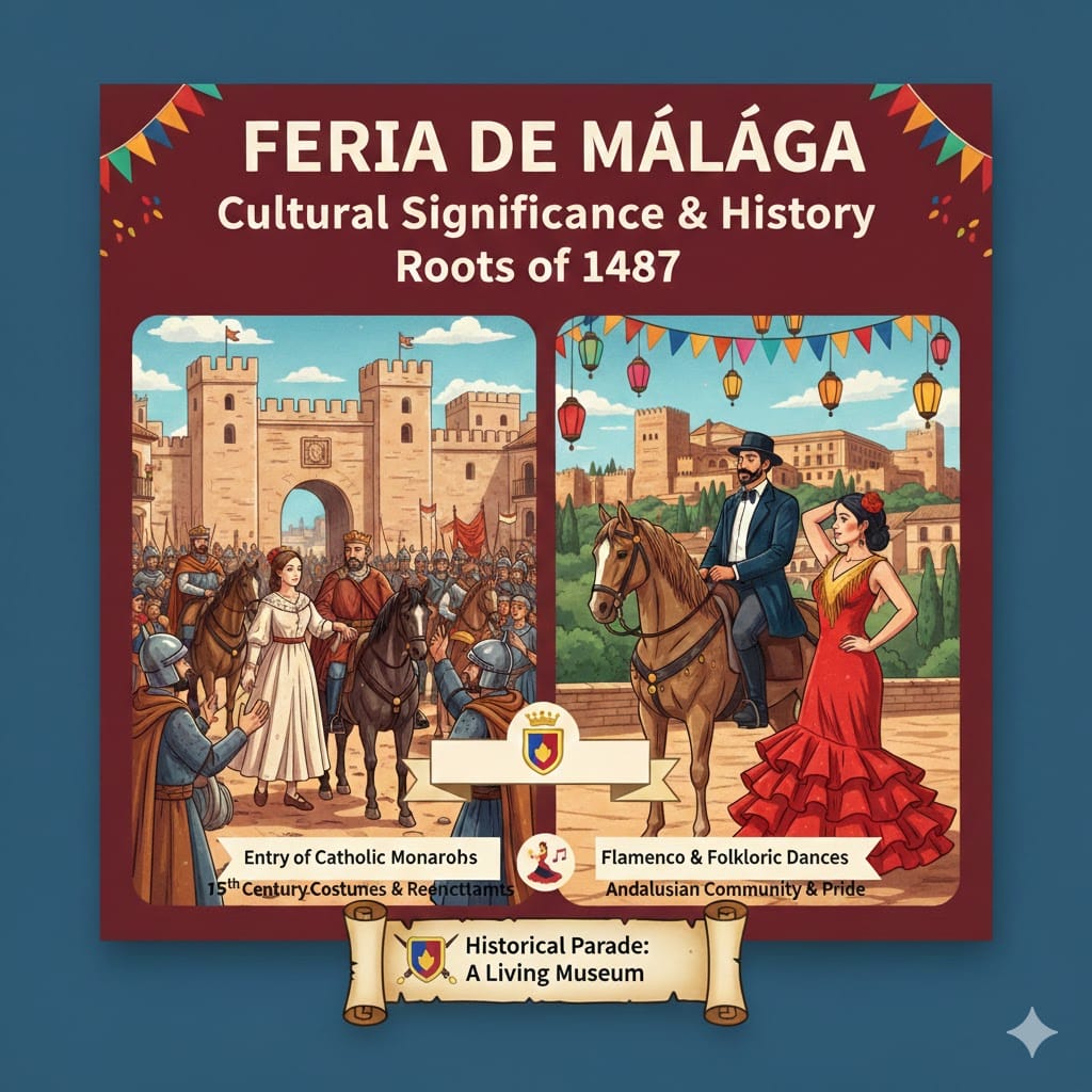 Infographic showing the history of Feria de Málaga, including the entry of Catholic Monarchs in 1487 and traditional flamenco celebrations - Spanaly.com
