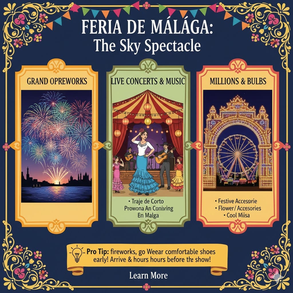 Infographic of Feria de Málaga night events featuring grand fireworks over the port, live flamenco concerts, and the illuminated fairground gate - Spanaly.com