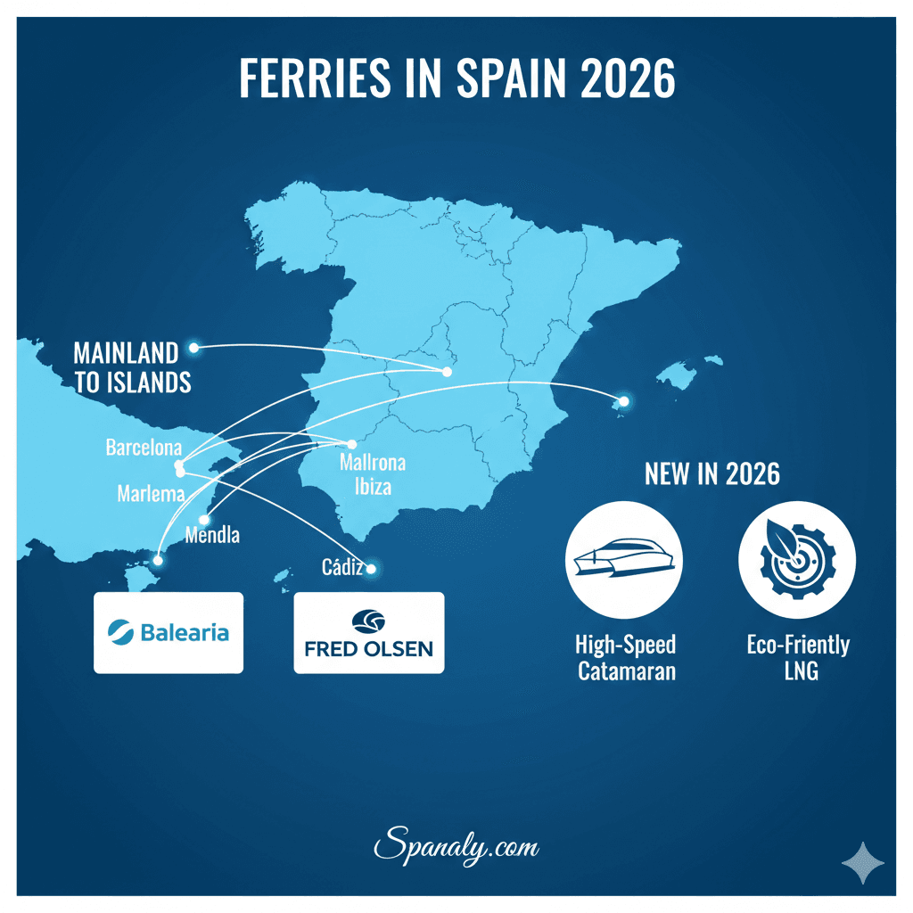 Infographic for ferry travel in Spain 2026 by Spanaly.com, showing routes to Balearic and Canary Islands with operators like Balearia and Fred Olsen, highlighting eco-friendly options.