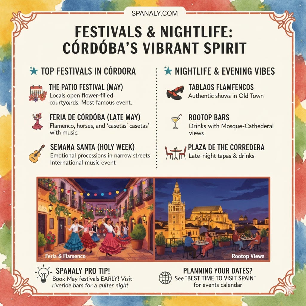 Colorful infographic about Córdoba's festivals and nightlife, featuring the Patio Festival, Feria de Córdoba, Flamenco shows, and rooftop bar recommendations.
