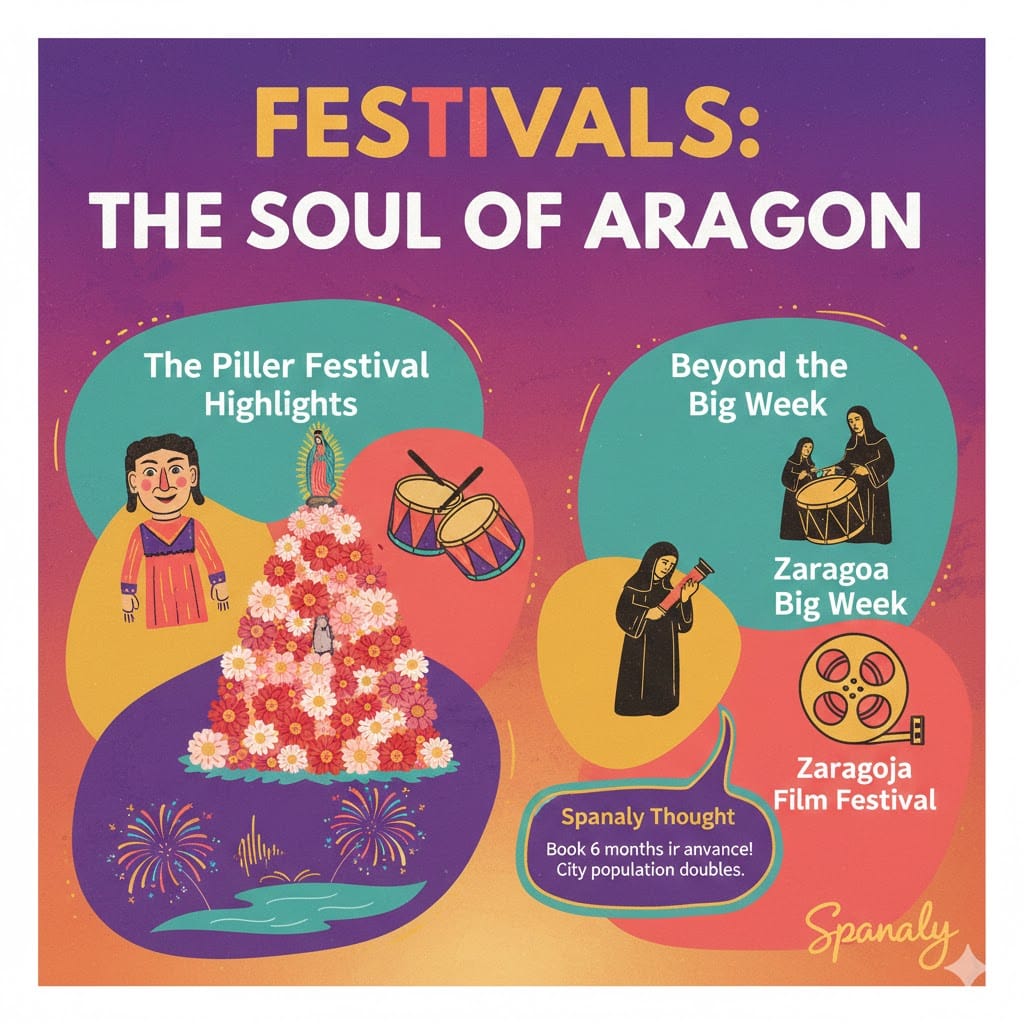 A festive infographic about Zaragoza festivals, showing a pyramid of flowers for Fiestas del Pilar, traditional drums for Holy Week, and cinema icons for the film festival, on a vibrant purple background.