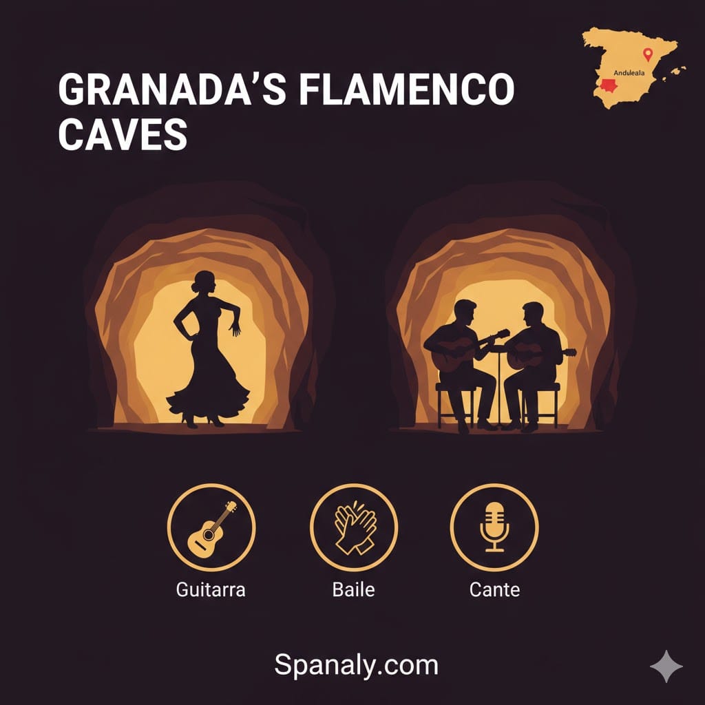 Authentic Flamenco performance inside the traditional cave dwellings of Sacromonte in Granada, Spain, showcasing Andalusian cultural heritage for travel SEO.