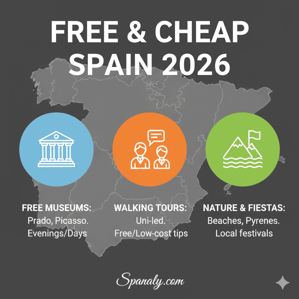 Infographic showing free cultural experiences in Spain 2026, including Prado museum free hours, university-led walking tours, and local festivals by Spanaly.com.