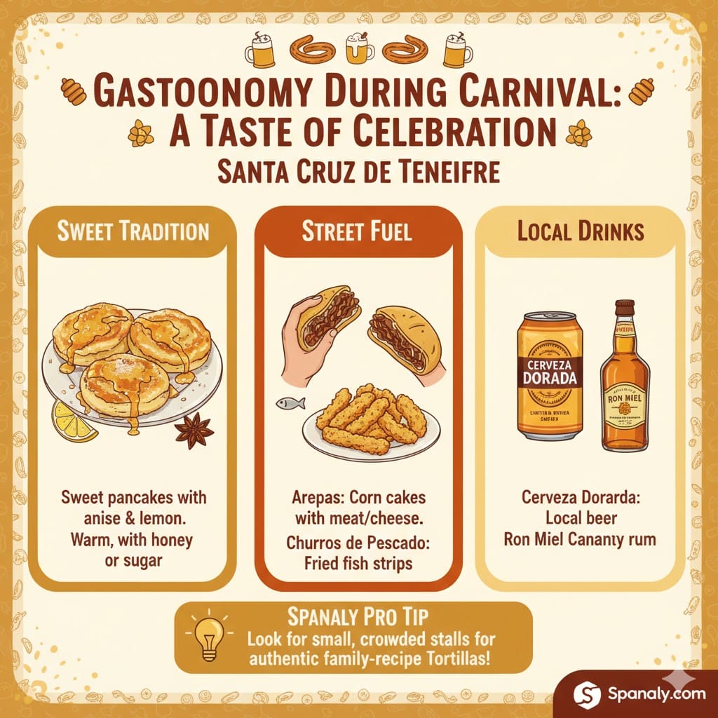An infographic guide to Tenerife Carnival food, featuring Tortillas de Carnaval pancakes, Arepas, Churros de Pescado, and local drinks like Ron Miel and Cerveza Dorada.