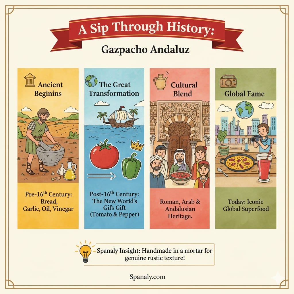 A colorful four-panel infographic illustrating the history of Gazpacho Andaluz: from its ancient roots with bread and garlic, the 16th-century addition of tomatoes and peppers, the cultural blend of Roman and Arab heritage, to its modern status as a global superfood. Includes a Spanaly Insight about traditional mortar preparation.