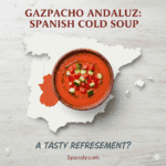 Authentic Gazpacho Andaluz recipe, refreshing Spanish cold soup on an Andalusia map background