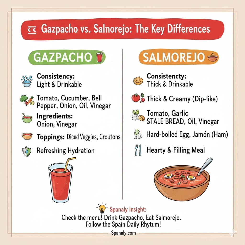 A colorful comparison infographic between Gazpacho and Salmorejo. Left side shows Gazpacho as a light, drinkable soup with tomatoes, cucumbers, and peppers. Right side shows Salmorejo as a thick, creamy meal with bread, garlic, egg, and jamón toppings. Includes a Spanaly Insight about the Spain Daily Rhythm.