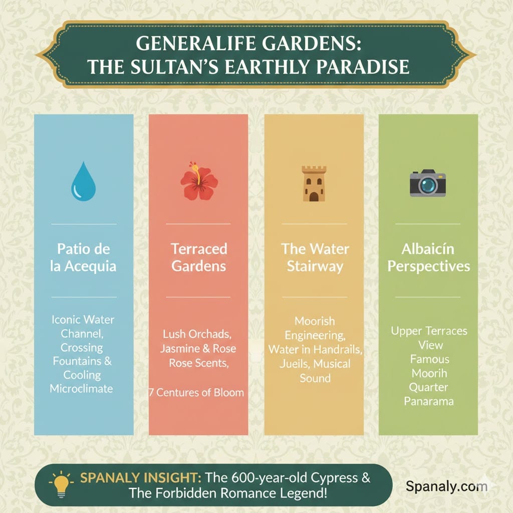 A vibrant colorful infographic of the Generalife Gardens in Alhambra Granada, detailing the Patio de la Acequia, Terraced Gardens, The Water Stairway, and Albaicín views, with a Spanaly insight about the 600-year-old Cypress tree and its romantic legend.