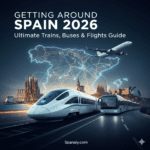 The ultimate 2026 guide to getting around Spain by Spanaly.com, featuring a high-speed AVE train, a modern bus, and an airplane over a glowing digital map of Spain.