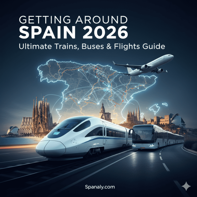 The ultimate 2026 guide to getting around Spain by Spanaly.com, featuring a high-speed AVE train, a modern bus, and an airplane over a glowing digital map of Spain.