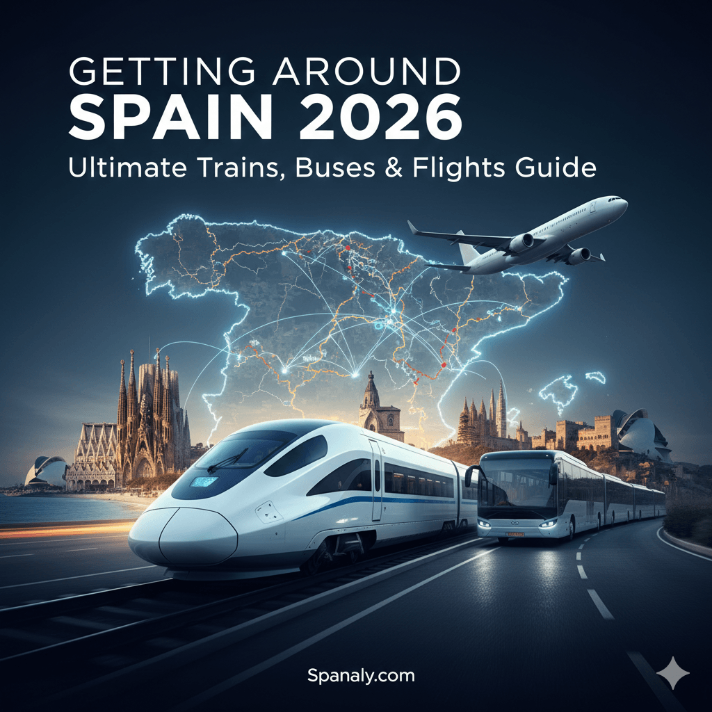 The ultimate 2026 guide to getting around Spain by Spanaly.com, featuring a high-speed AVE train, a modern bus, and an airplane over a glowing digital map of Spain.