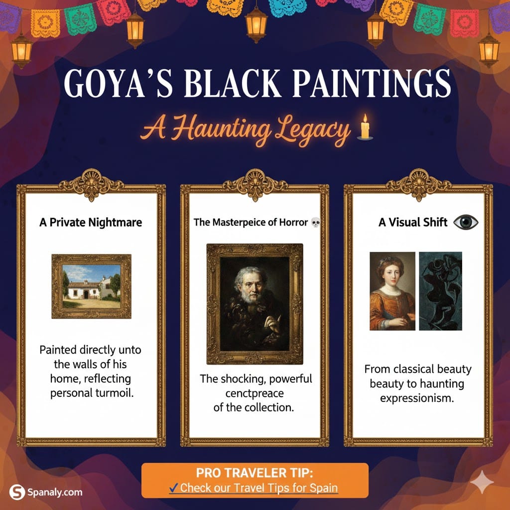 Infographic about Goya's Black Paintings at the Prado Museum, featuring the Quinta del Sordo, Saturn Devouring His Son, and the transition from classical to haunting expressionism with travel tips.