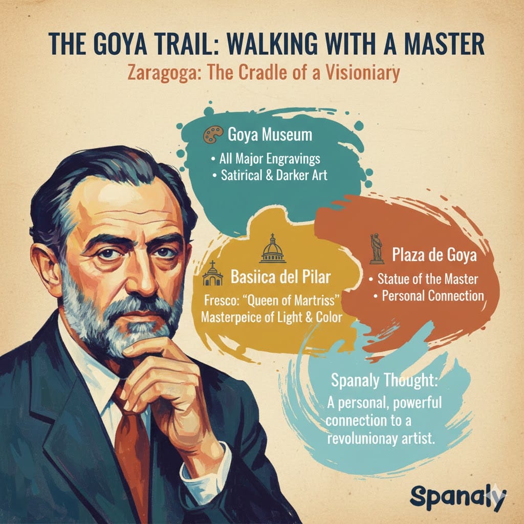 An artistic infographic of the Goya Trail in Zaragoza, featuring a portrait of Francisco de Goya and colorful paint strokes highlighting the Goya Museum, Basilica del Pilar frescoes, and Plaza de Goya.