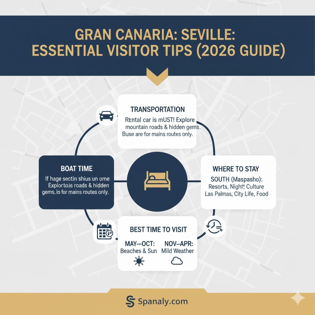 Infographic of essential 2026 visitor tips for Gran Canaria, featuring advice on car rentals, the best areas to stay (North vs South), and optimal travel timing for beaches and hiking by Spanaly.com.