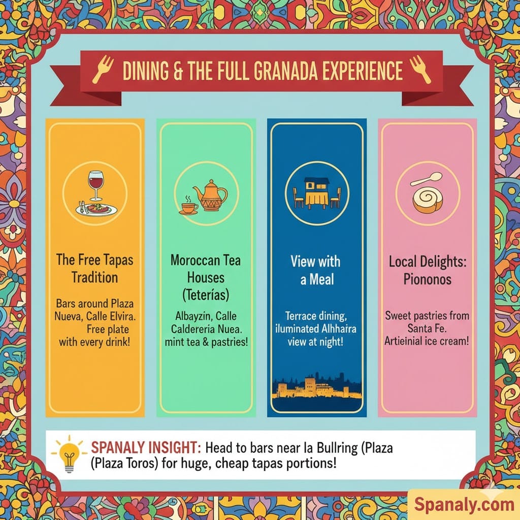 A colorful food-themed infographic of the Granada dining experience, featuring the Free Tapas Tradition, Moroccan Tea Houses in Albayzín, Terrace dining with Alhambra views, and Piononos sweets, with a Spanaly insight about the best tapas near Plaza de Toros.