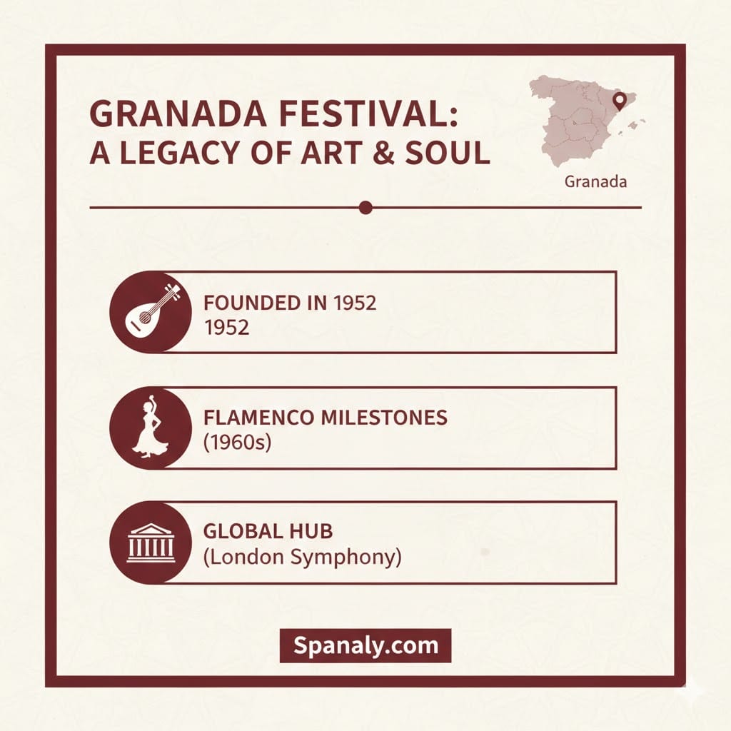 Infographic of Granada International Music & Dance Festival history featuring Spain map, cultural icons of flamenco and orchestra, and Spanaly.com branding for travel SEO.