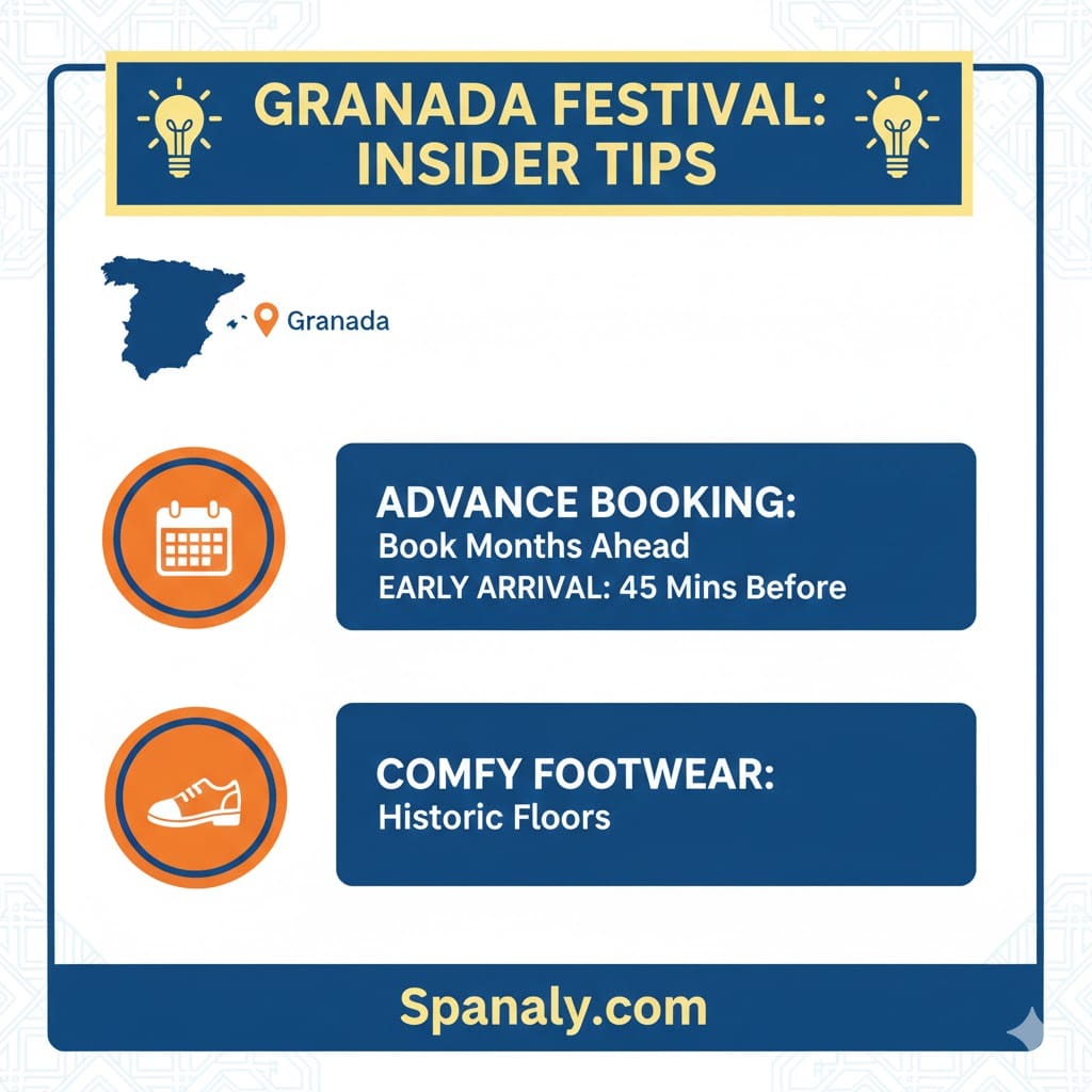 Expert visitor tips for the Granada Music & Dance Festival, including ticket booking, dress code, and arrival times infographic by Spanaly.com.
