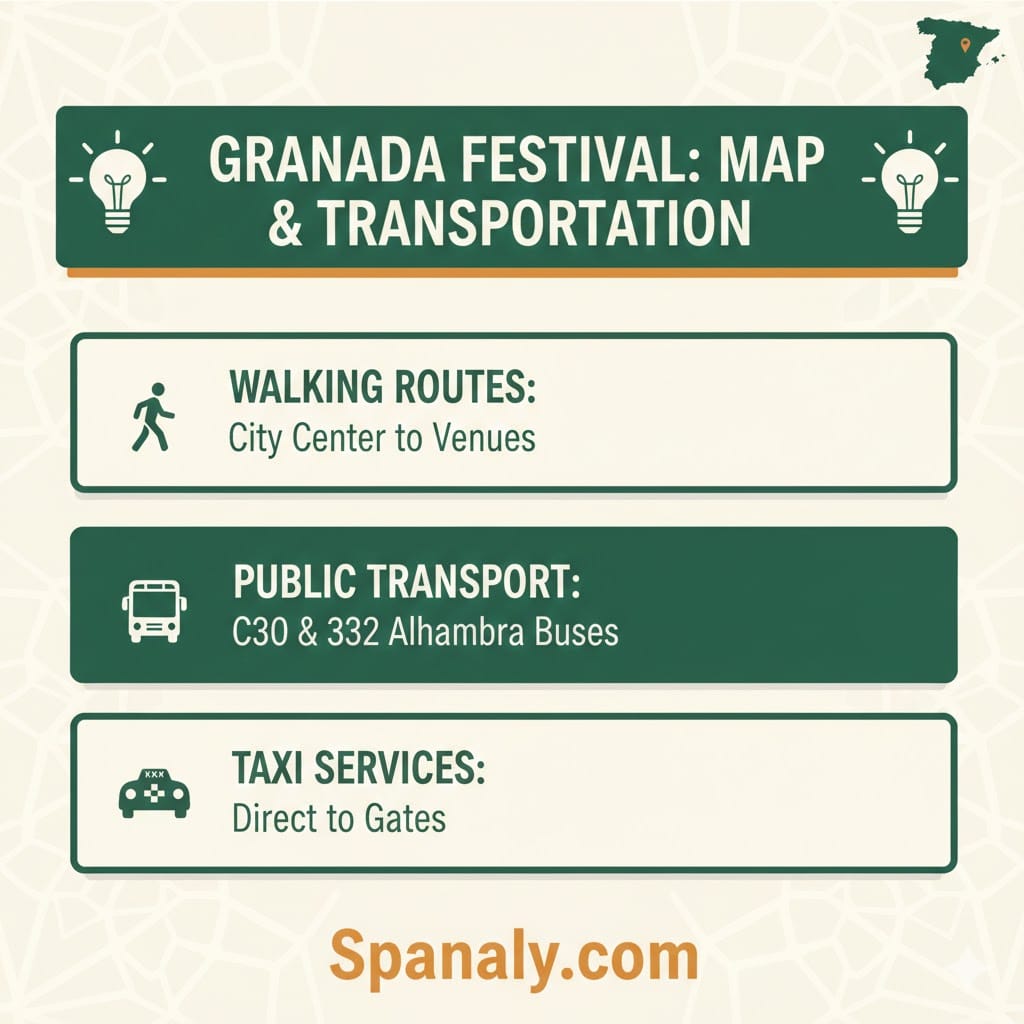 Transport and navigation map for Granada Music Festival, showing C30 and C32 bus routes to Alhambra and walking paths from city center, by Spanaly.com.