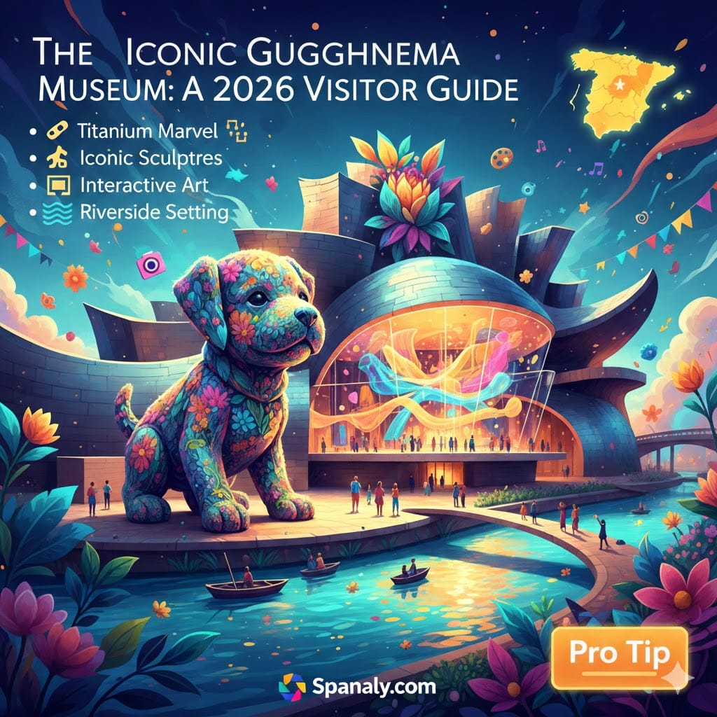 A creative and vibrant 2026 infographic of the Guggenheim Museum Bilbao featuring the floral Puppy sculpture, artistic highlights, and a Spain map icon on a colorful background.