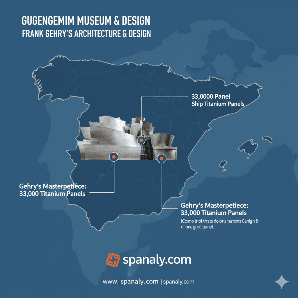 An architectural infographic of the Guggenheim Museum Bilbao designed by Frank Gehry for spanaly.com, featuring the iconic titanium panels and ship-like structure over a map of Spain, highlighting modern art landmarks in Bilbao.