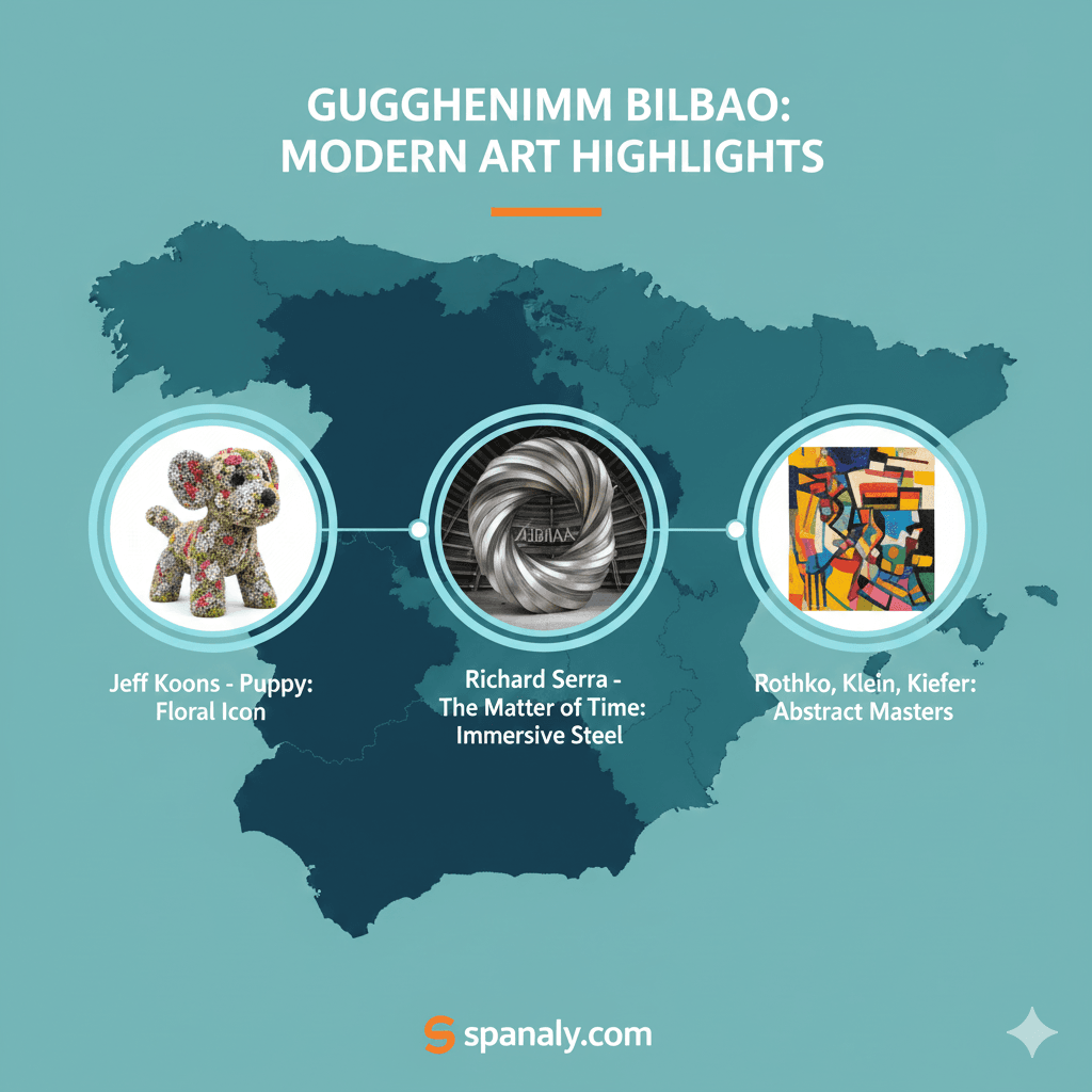 A creative infographic by spanaly.com showcasing the modern art highlights of the Guggenheim Museum Bilbao, featuring the iconic "Puppy" floral sculpture by Jeff Koons and masterpieces by Richard Serra against a artistic map of Spain.