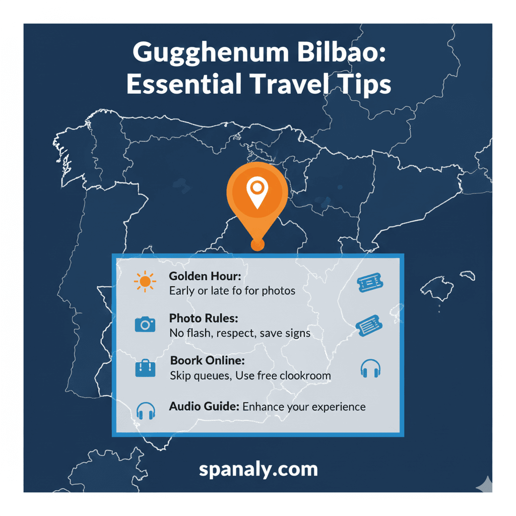 A high-quality 1024x1024 infographic by spanaly.com featuring essential travel tips for the Guggenheim Museum Bilbao, shown on a large map of Spain with clear instructions on lighting, booking, and photography.