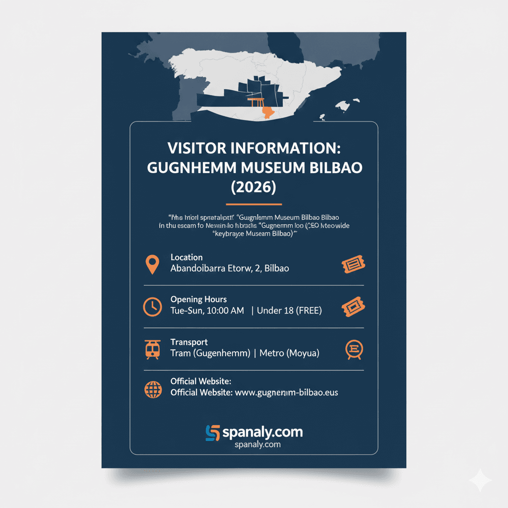 An essential visitor information infographic for the Guggenheim Museum Bilbao in 2026 by spanaly.com, including opening hours, ticket prices for adults and students, and transport options in Bilbao, Spain