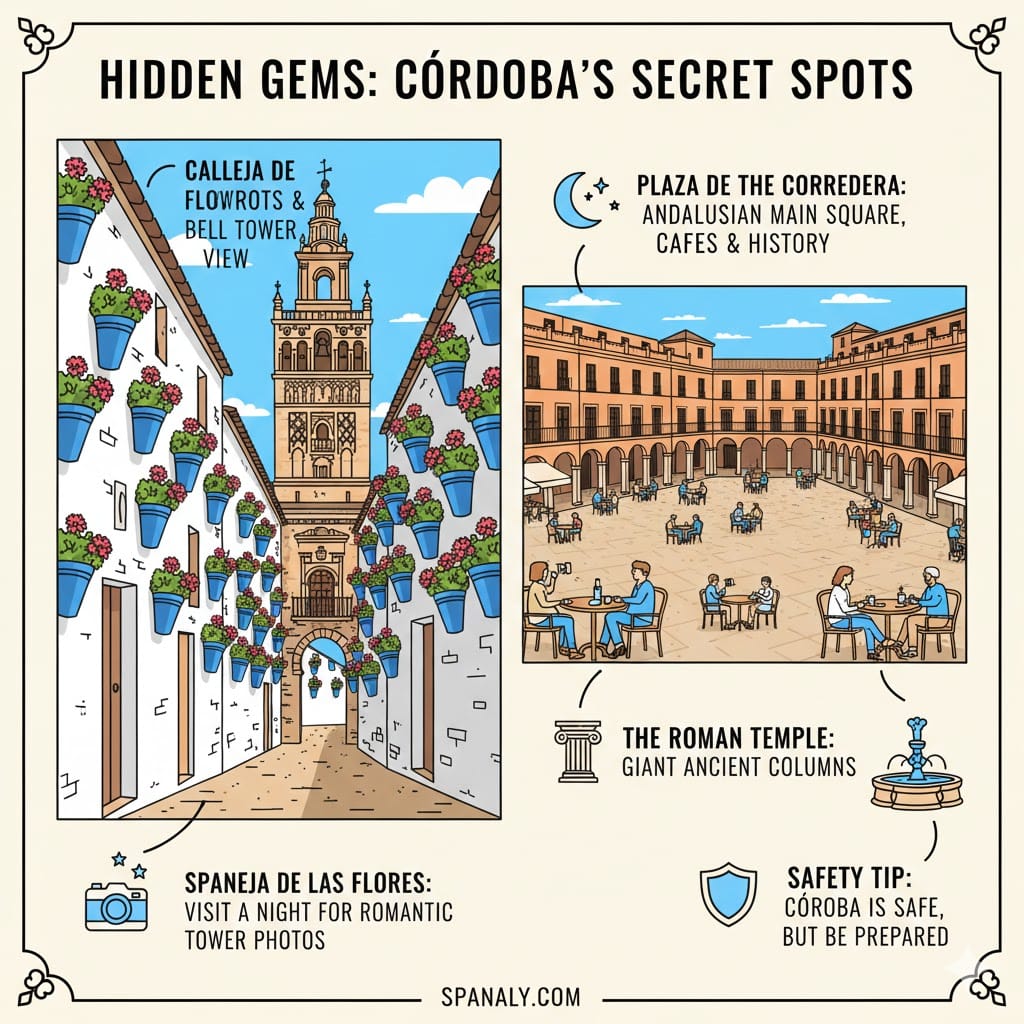 Detailed infographic of Córdoba's hidden gems, featuring Calleja de las Flores, Plaza de la Corredera, and the Roman Temple with photography tips.