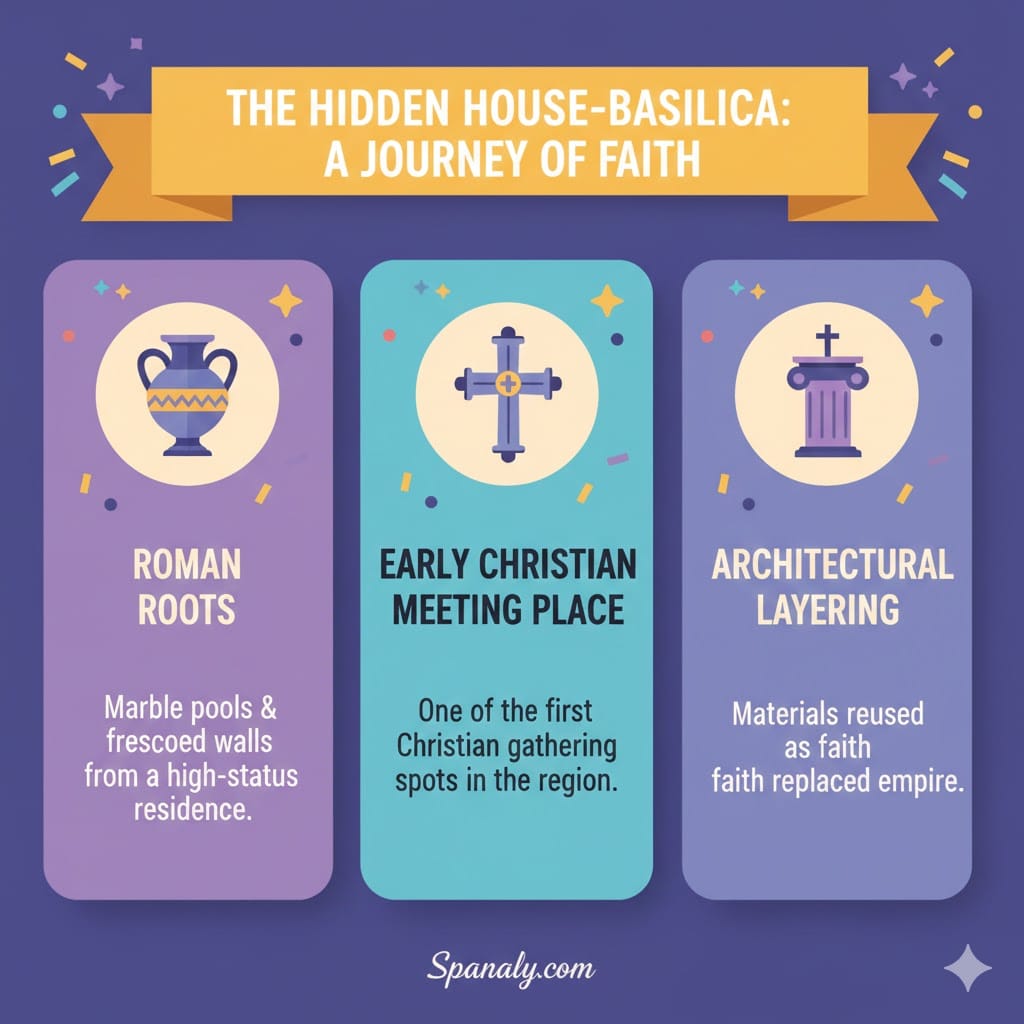 An infographic detailing the Hidden House-Basilica in Mérida, showing Roman roots, early Christian meeting places, and architectural layering - Spanaly.com 2026.