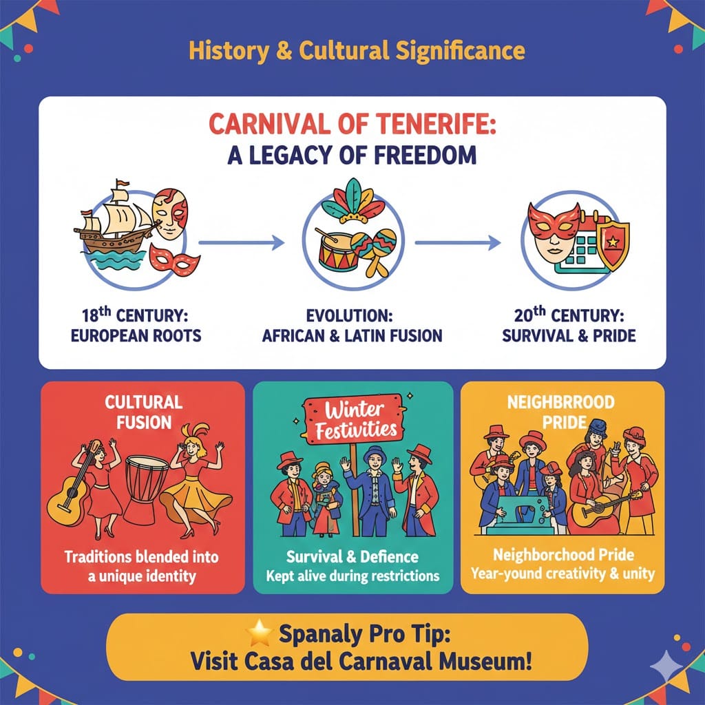 Educational infographic about the history of Tenerife Carnival, showing its 18th-century European roots, African-Latin fusion, and the legacy of cultural pride and neighborhood unity.